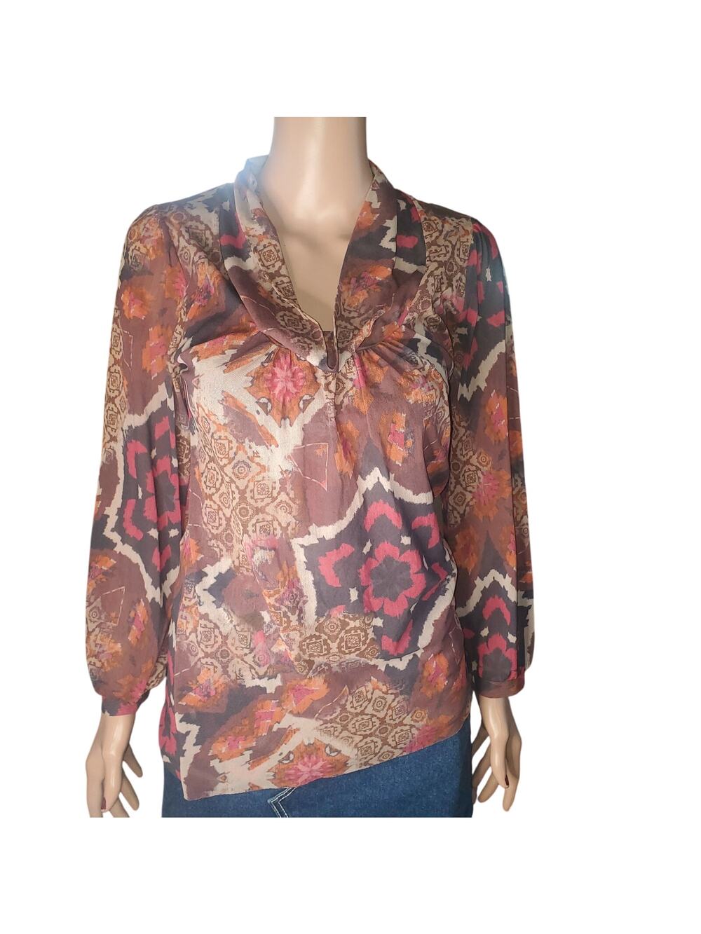 Y2K Sweet Pea by Stacy Frati Mesh Cowl Neck Abstract Print Top Women's S/M
